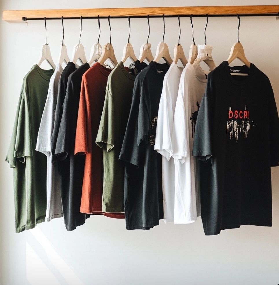 A row of various colored t-shirts hanging on wooden hangers against a white background.