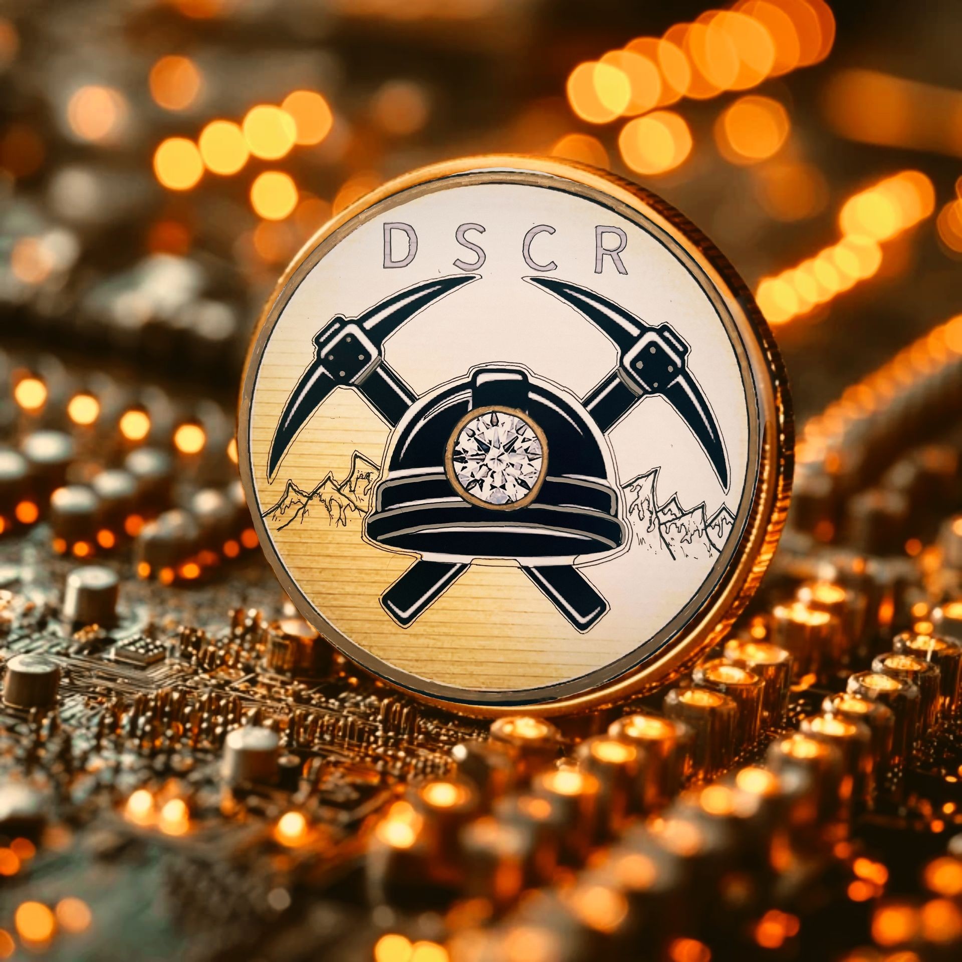 Golden coin with mining symbols and the text 'DSCR' on an illuminated circuit board background.