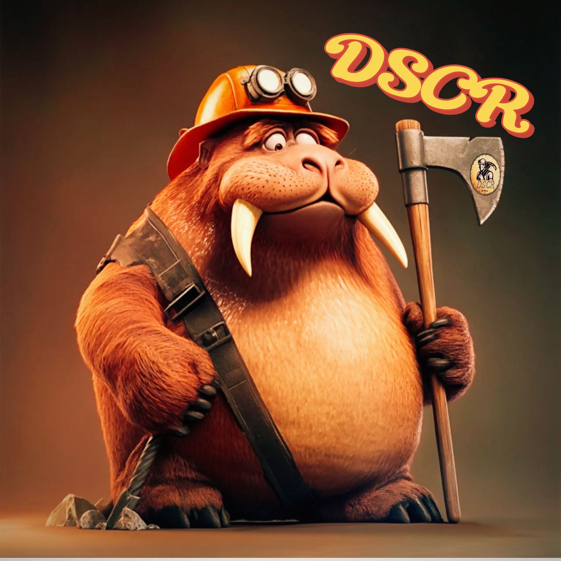 Cute animated walrus in a hard hat holding an axe with the letters DSCR floating above.